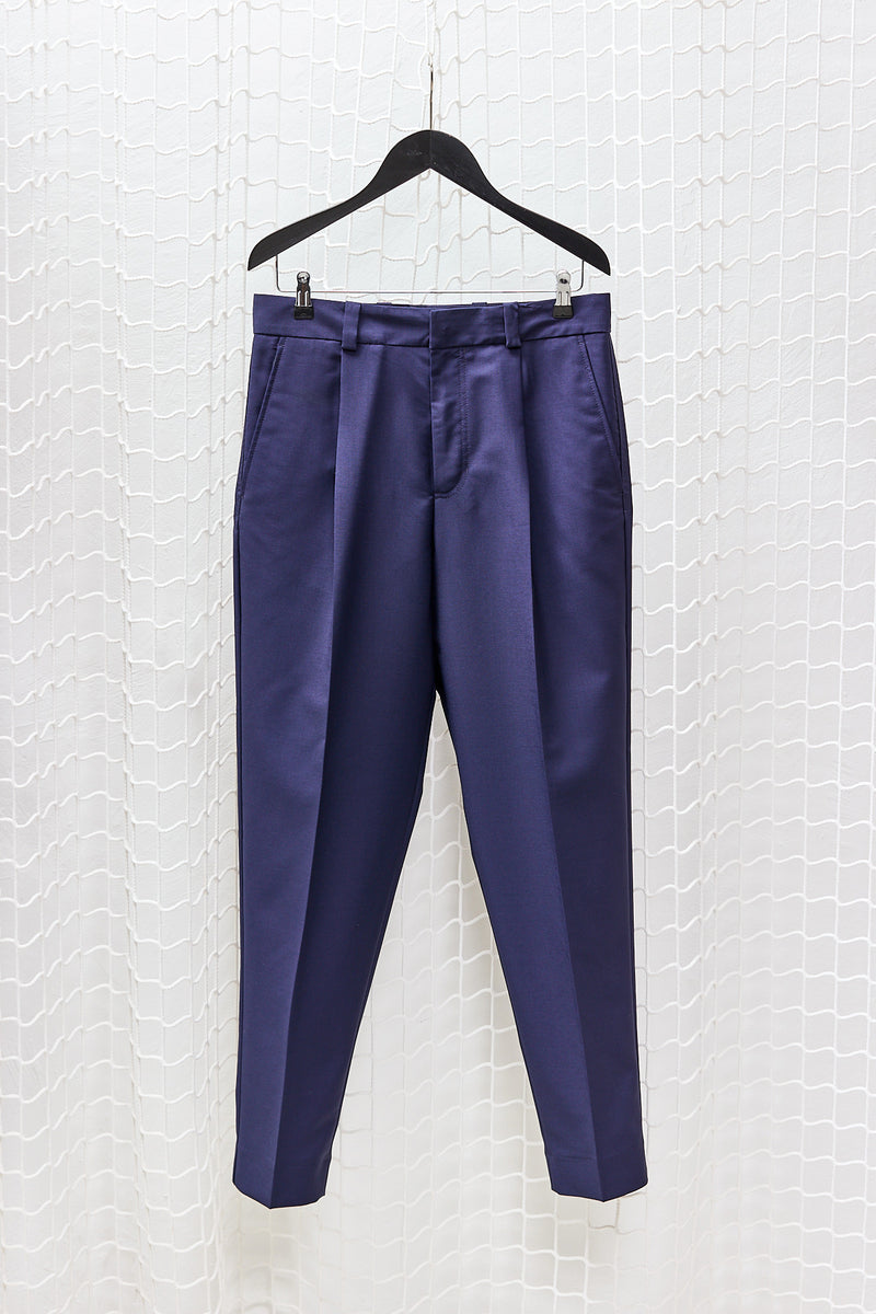 Blue Wool Mohair Pleated Trouser
